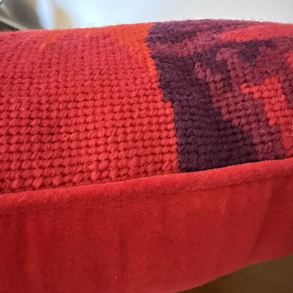 Needlepoint Penguin Christmas Holiday Pillow w/ Red Velvet Back 12
